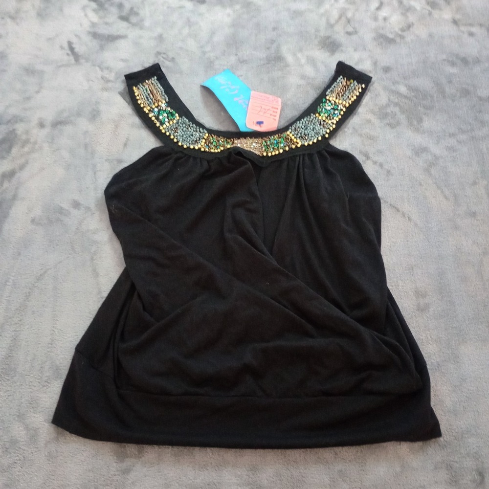Womens Sleeveless Tank Blouse Beaded Neck Black Size Medium NYE Party Glam
